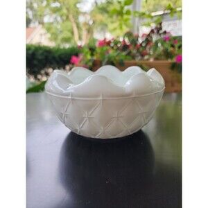 Vintage White Milk Glass Bowl w/ Crimped Edges Diamond Quilted Pattern Rose Bowl
